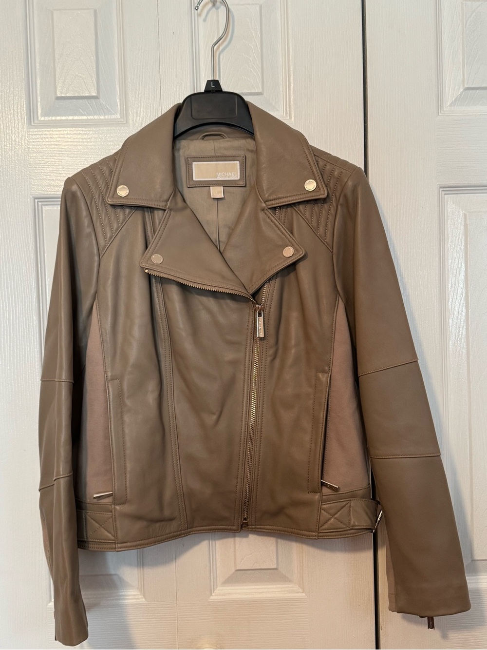 Womens Taupe Leather Moto Jacket